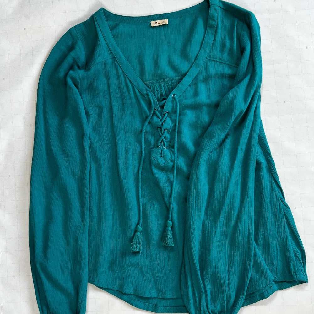 Hollister Women’s Teal Tie-Up Long Sleeve Blouse with Tassels – Size XS